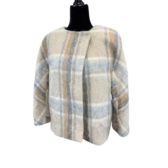 Talbots Plaid Wool Alpaca Mohair Blend Jacket Coat Beige Gray Size Medium - Picture 3 of 12